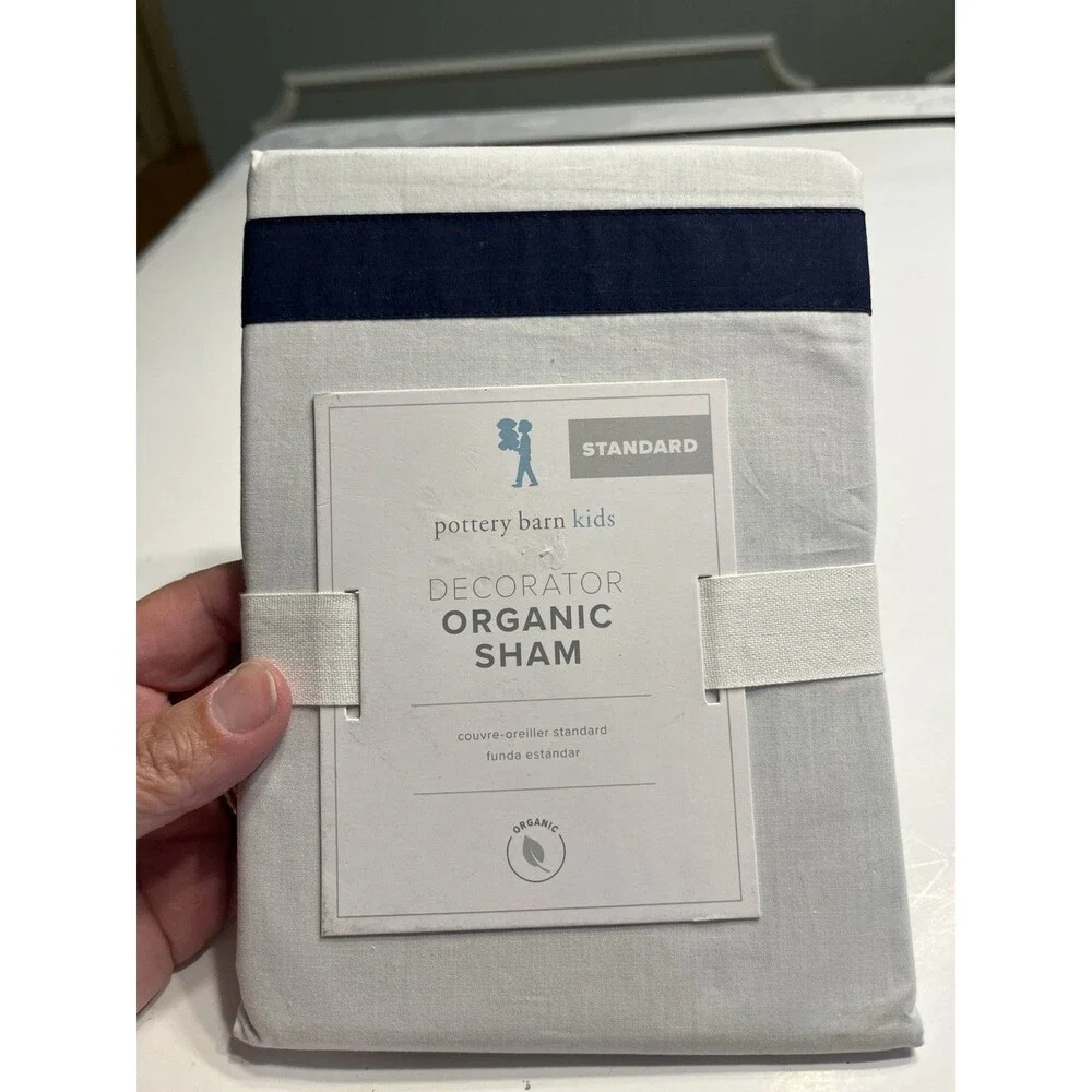 Pottery Barn Organic Standard Pillow Sham White w Navy Blue Ribbon Accent 20x26